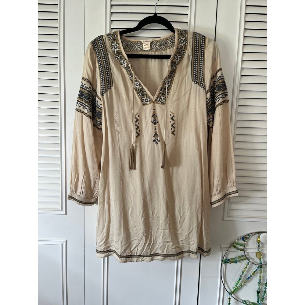 Sundance Embroidered Tassel Tunic Top Beige Women's Size XS